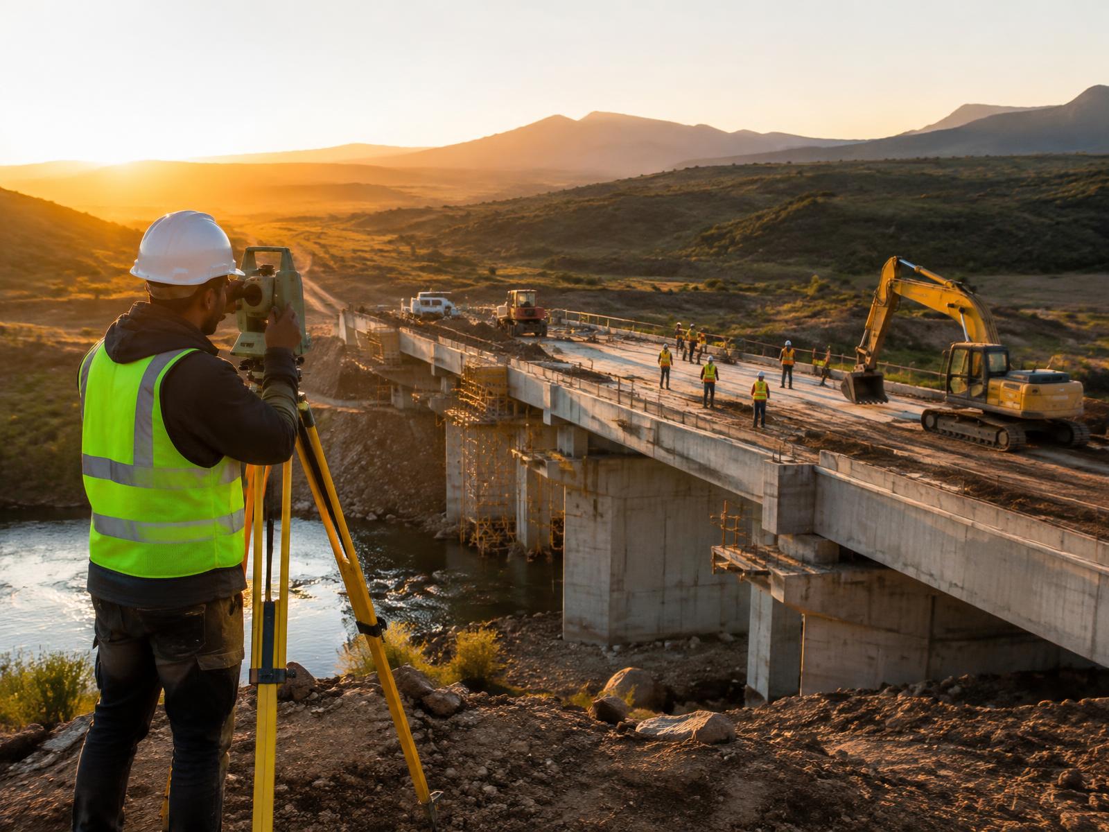 Surveyor at work on a concrete bridge and road construction site at sunrise