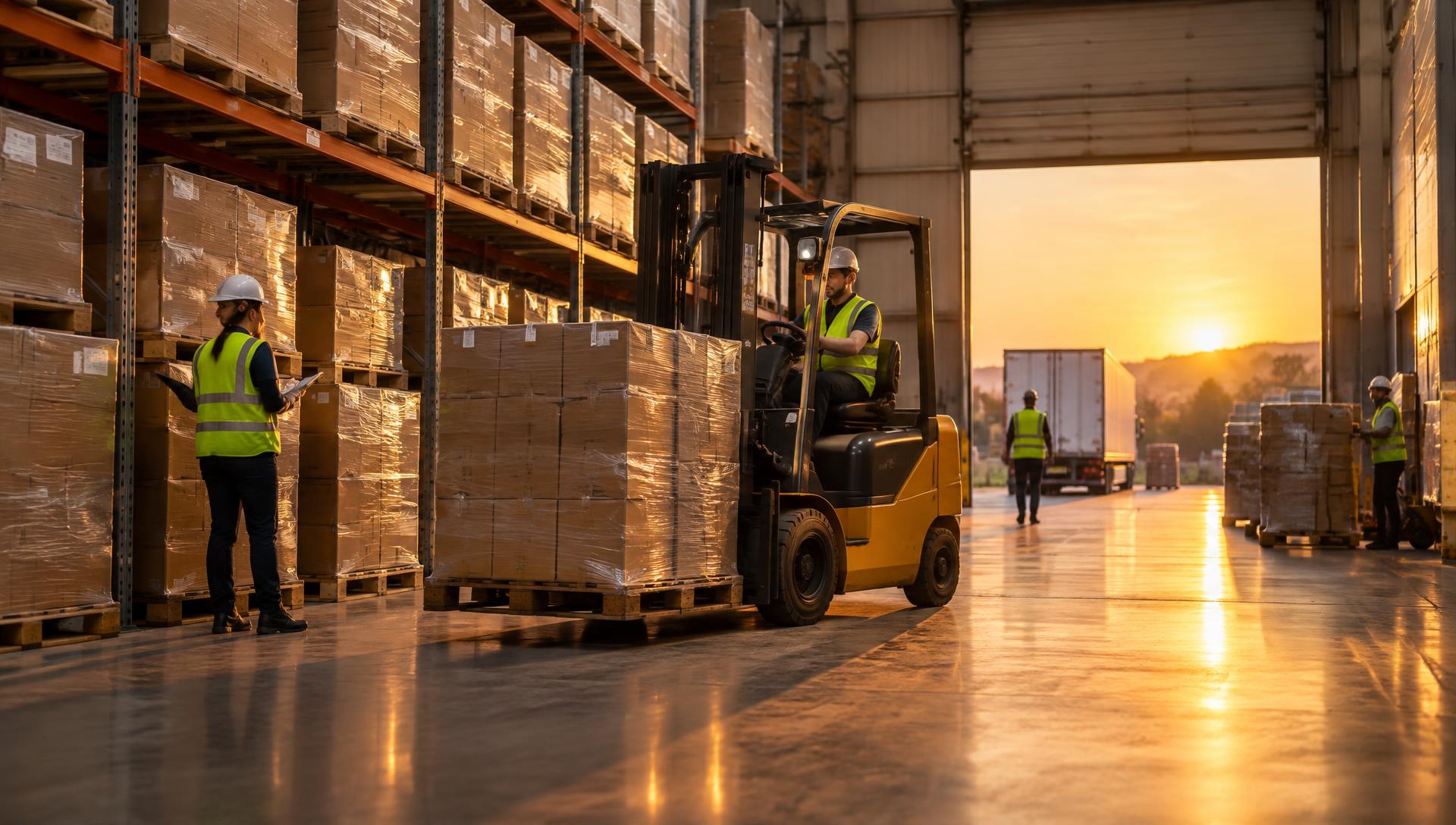 Warehouse team loading pallets of supplies for distribution
