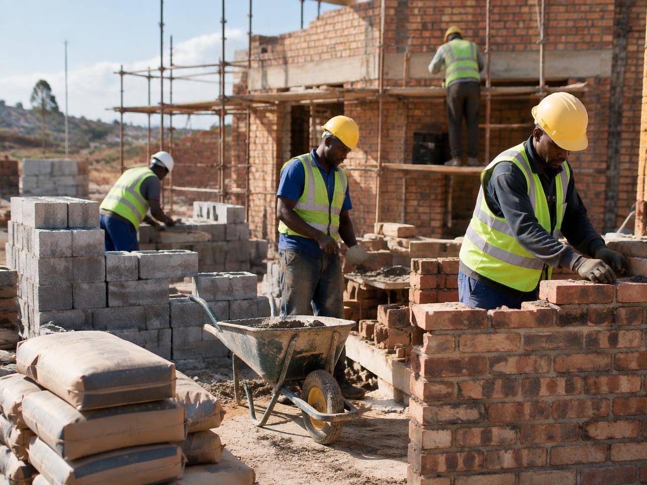 Builders in hard hats and hi-vis vests constructing a brick wall on site
