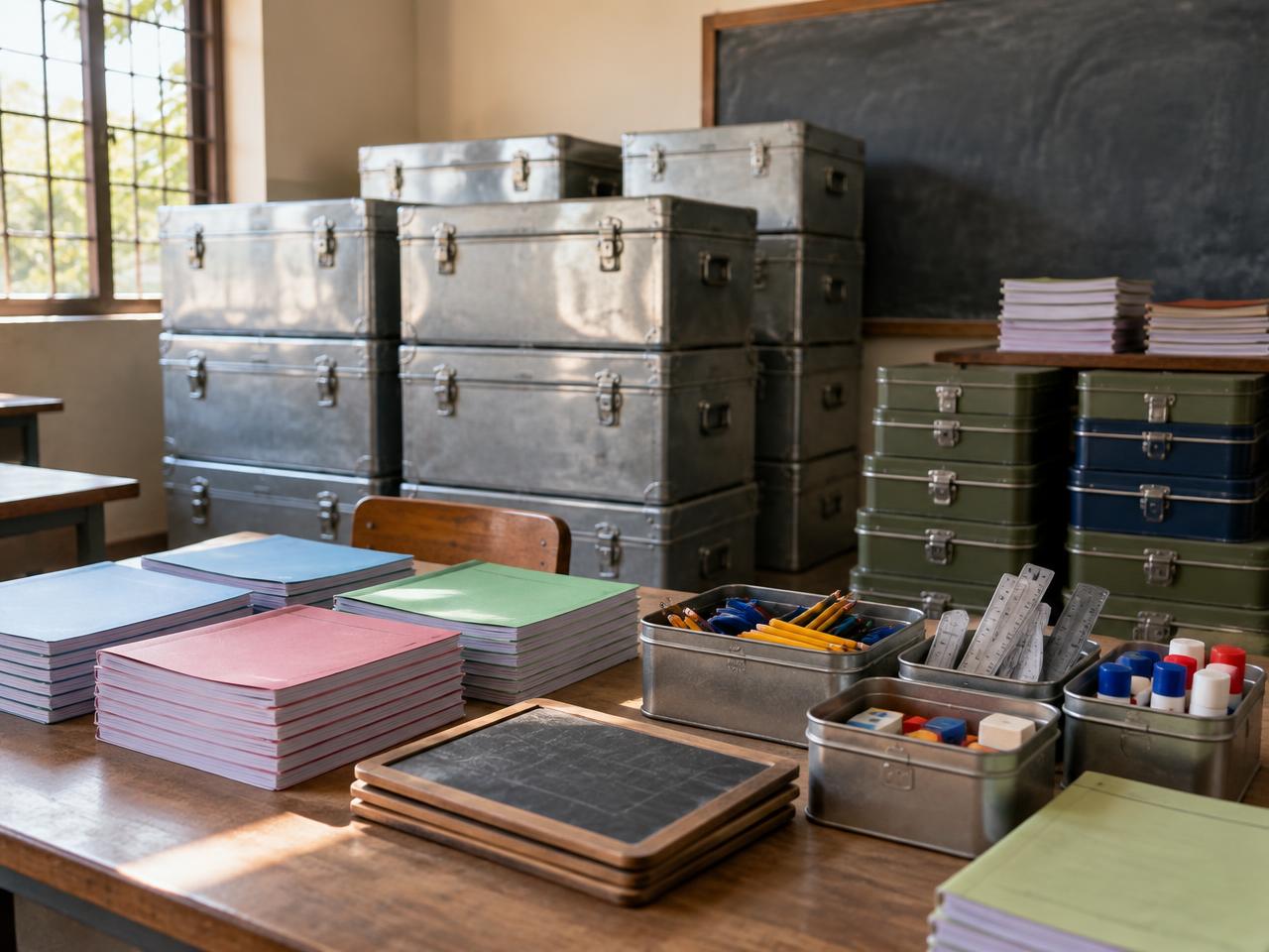 Portable education kit trunks with exercise books and stationery in a classroom